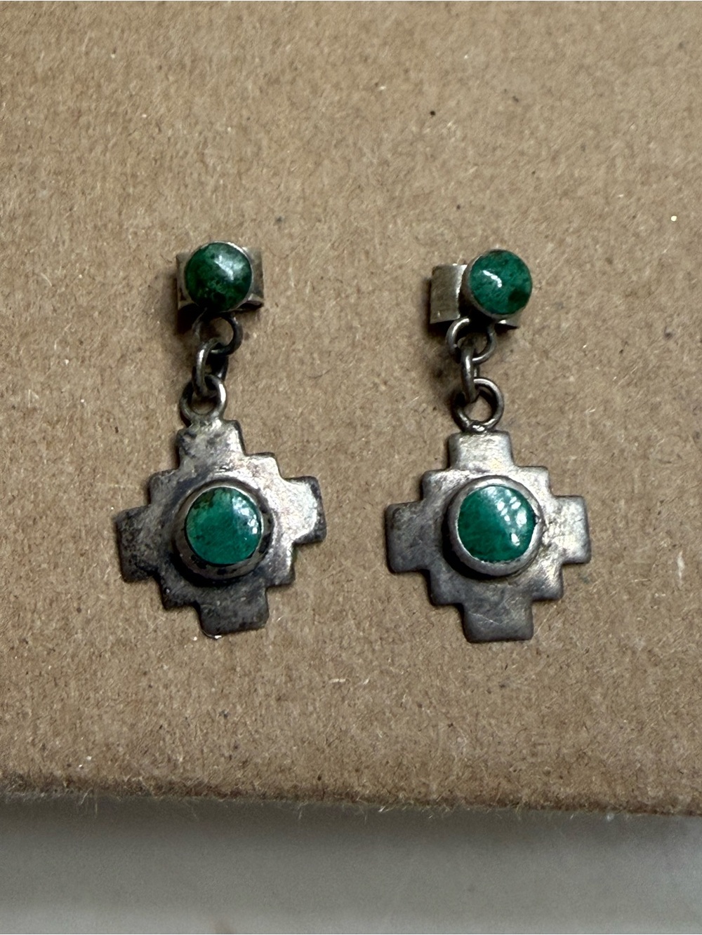 Handmade 950 Sterling Silver Peruvian Chakana Cross W/ Chrysocolla Earrings Vtg